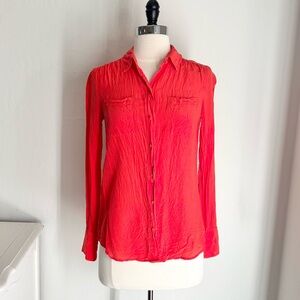 J. Crew Vibrant Poppy 100% Silk Button-Down Collared Pocket Front Shirt, Size XS